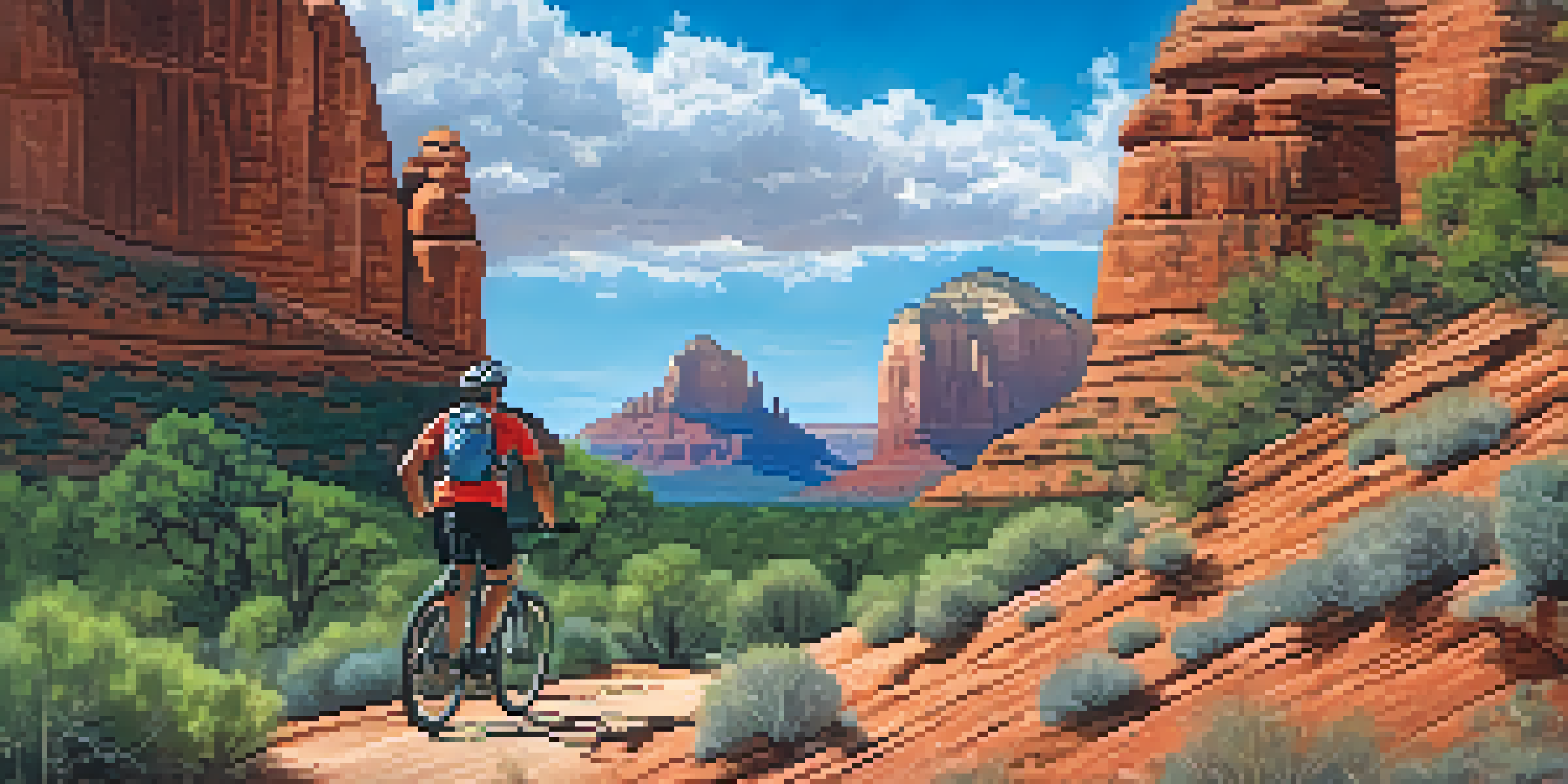 A mountain biker riding on a flat trail surrounded by red rock formations and desert plants in Sedona, Arizona.