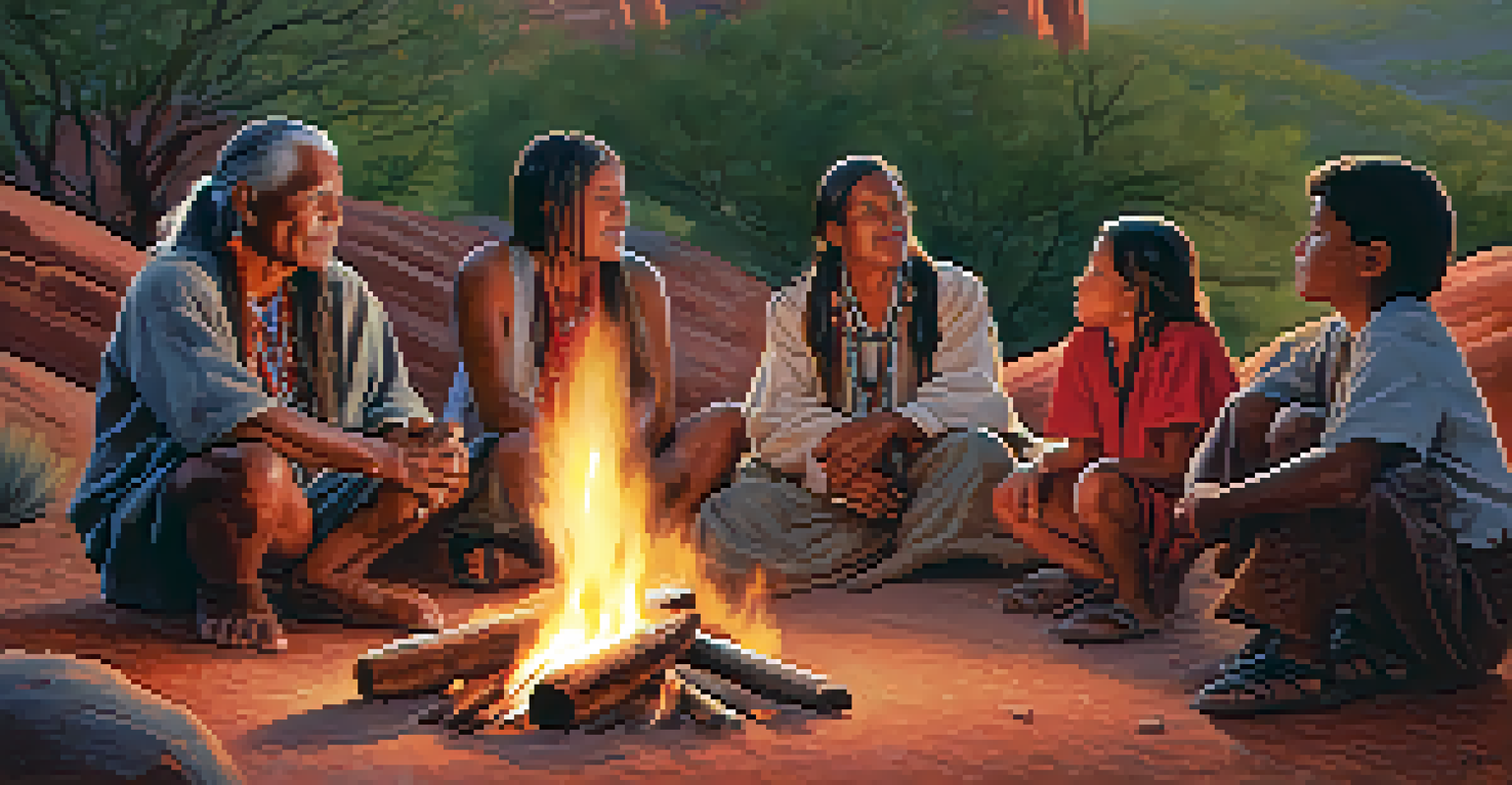 An Apache elder storytelling to children around a campfire in Sedona.