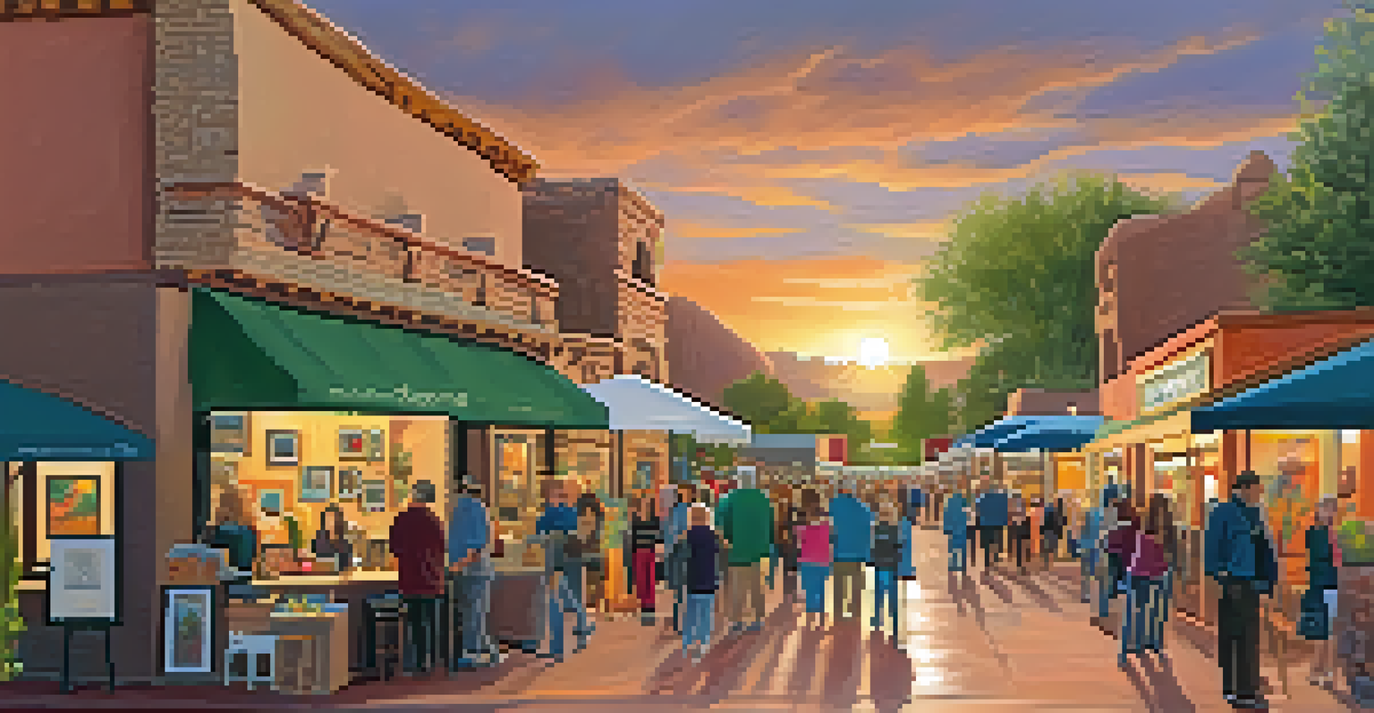 A lively art walk event in Sedona with visitors exploring galleries, enjoying live music, and colorful decorations as the sun sets.
