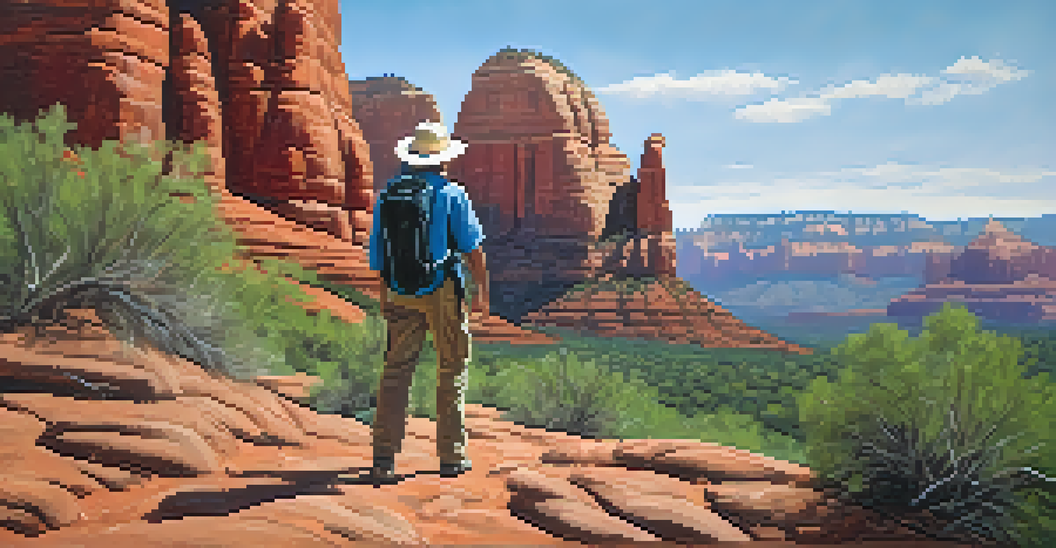 A hiker on a rocky trail in Sedona, Arizona, with red rock formations in the background and clear blue skies.