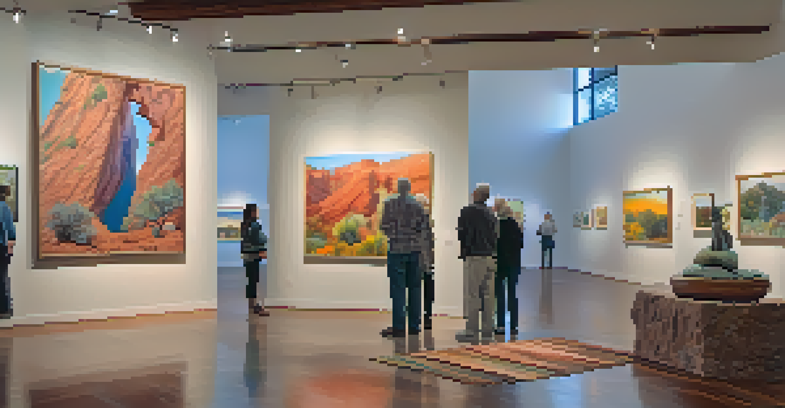An interior view of a contemporary art gallery in Sedona, showcasing colorful artworks and visitors interacting with an artist.