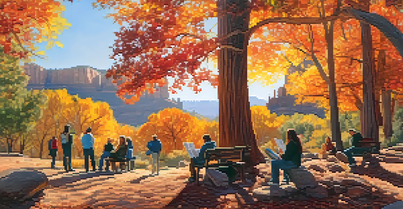 Participants on a nature walk during a fall retreat in Sedona, surrounded by colorful autumn leaves and engaged in journaling.