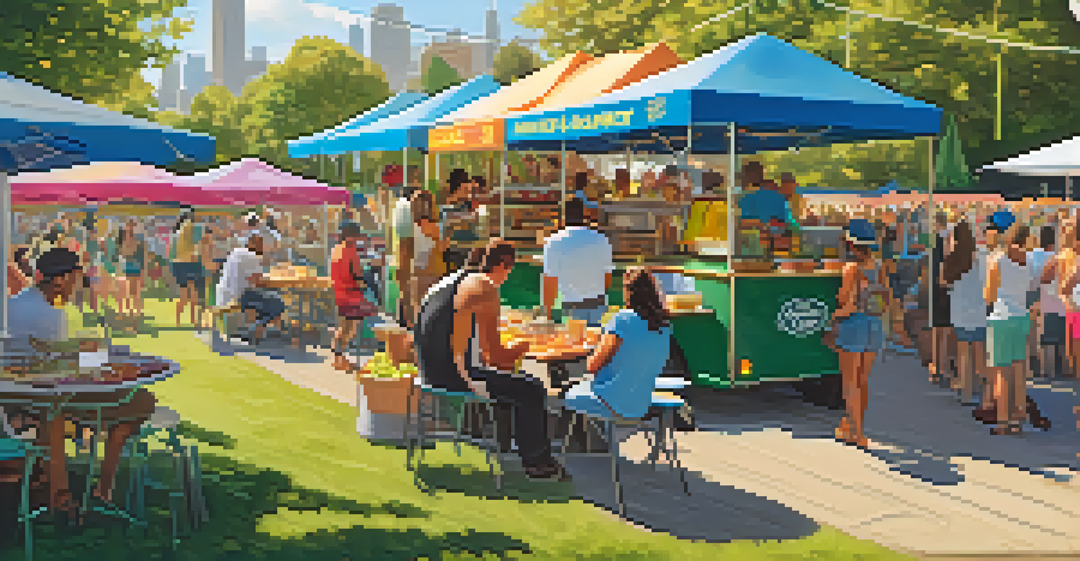 A close-up view of gourmet food options at a music festival, showcasing colorful dishes and food trucks in a lively outdoor setting.