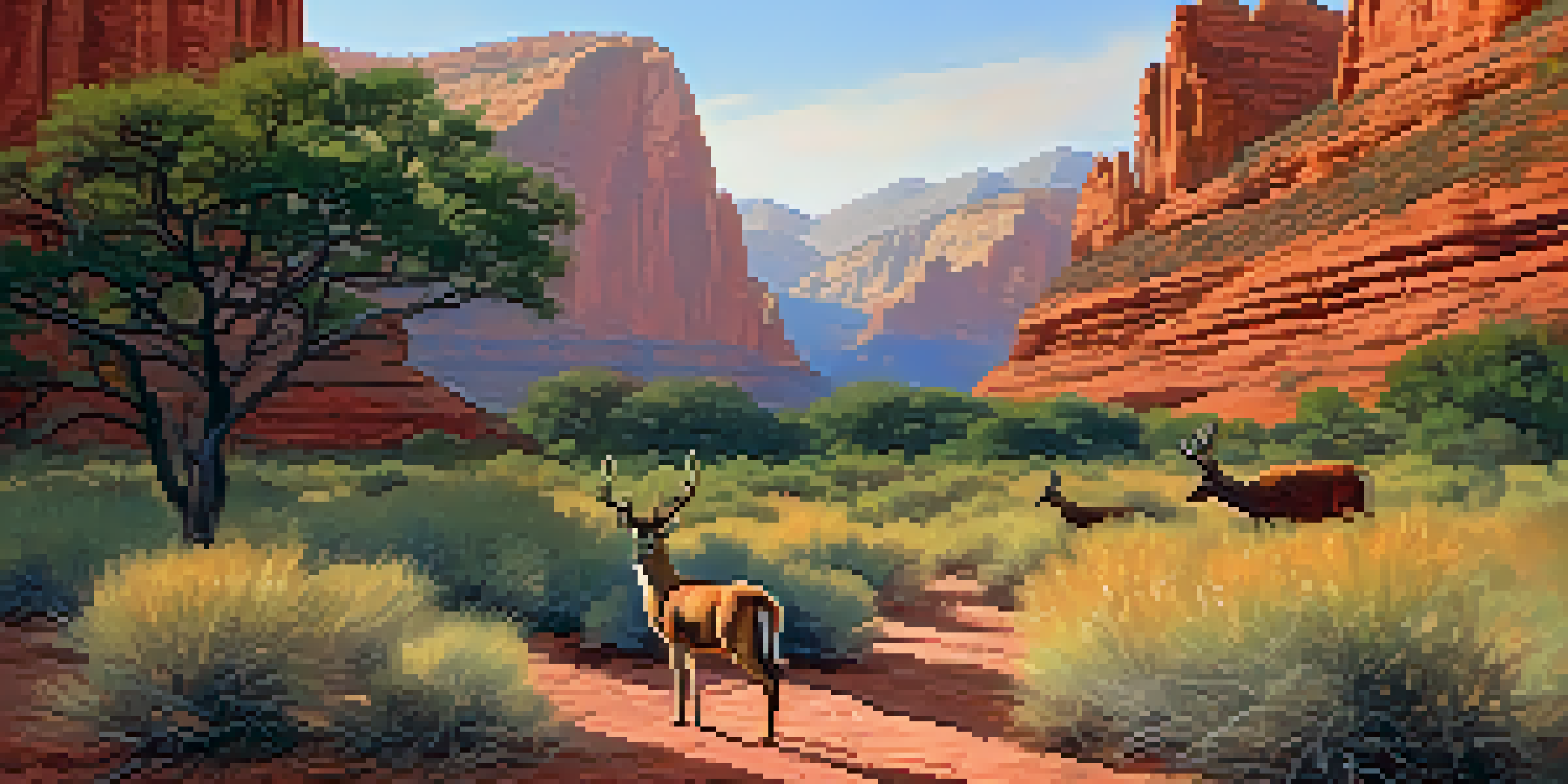 A peaceful landscape of Red Rock State Park with red rock formations, a grazing deer, and colorful birds in the sky during early morning light.