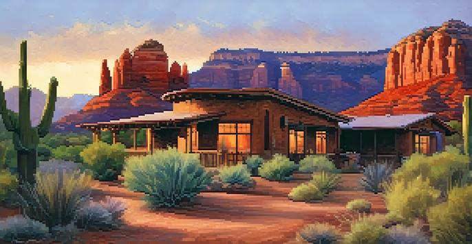 A scenic view of red rock formations in Sedona during sunset, with a historic adobe-style inn in the foreground.