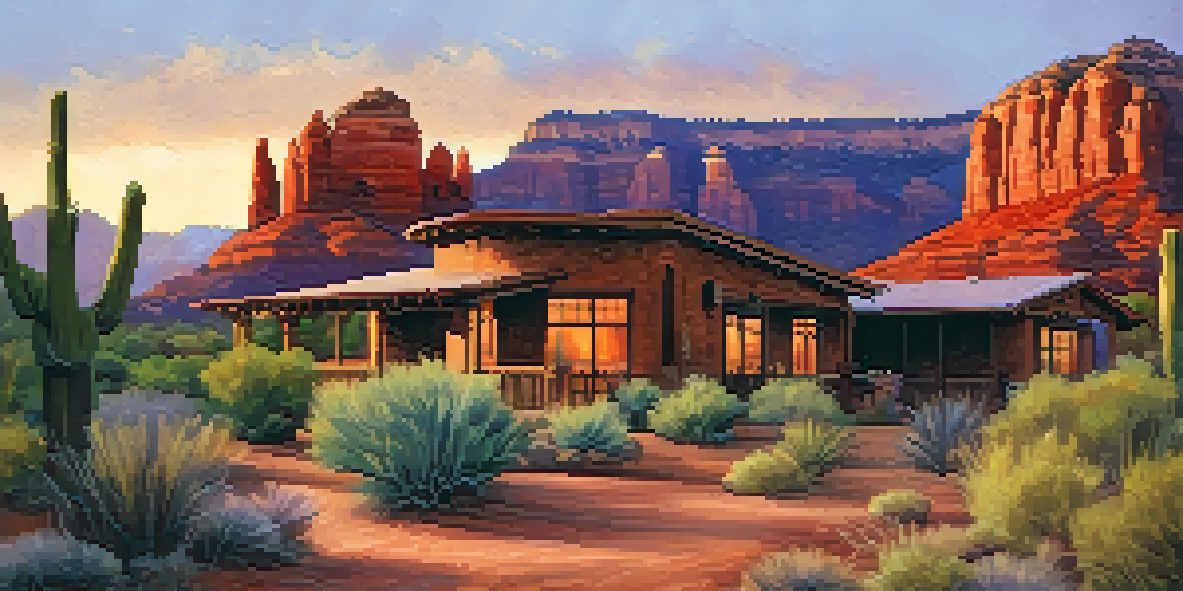A scenic view of red rock formations in Sedona during sunset, with a historic adobe-style inn in the foreground.