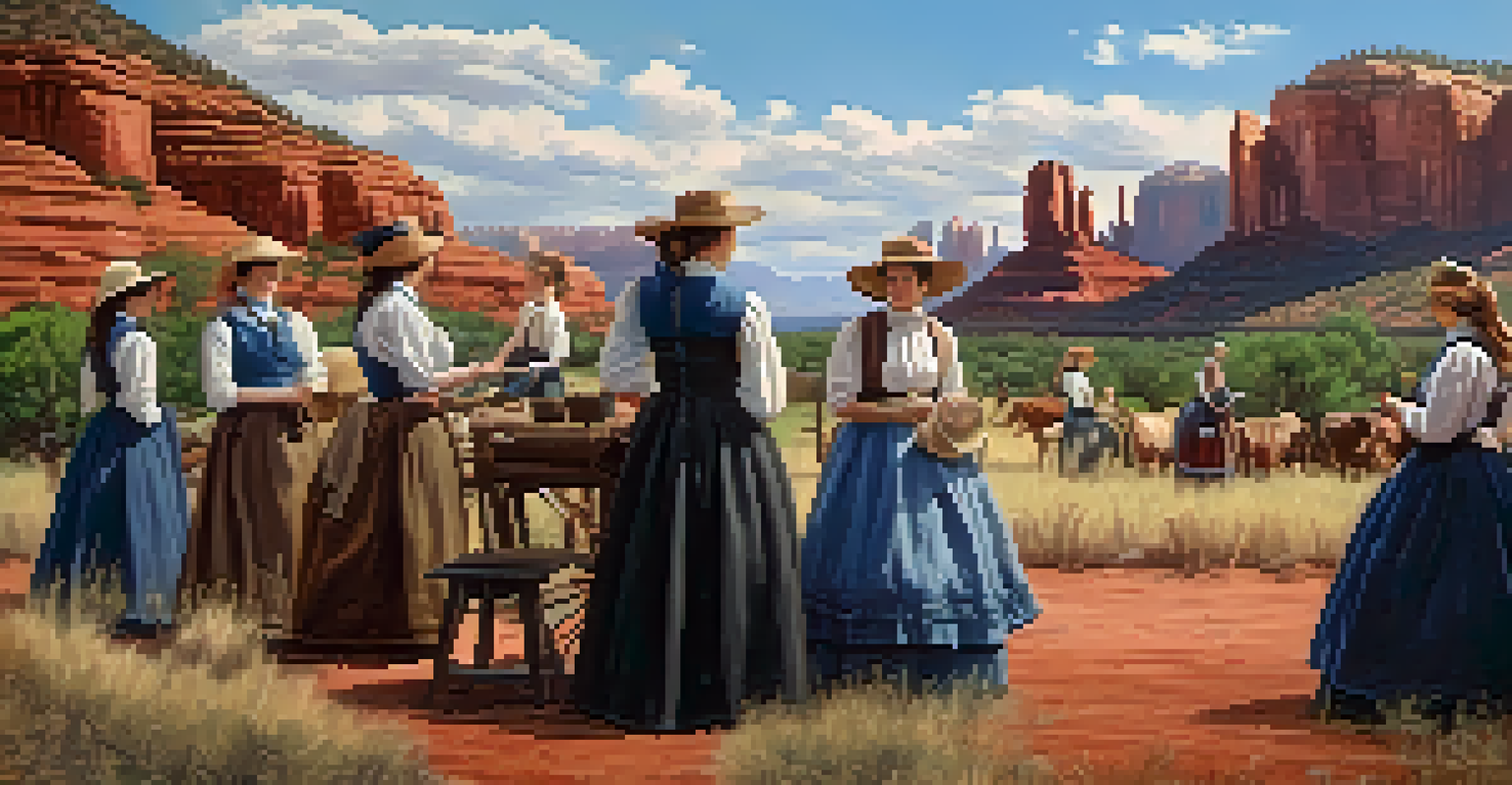 Women in 1860s clothing engaging in daily activities on a Sedona farm.