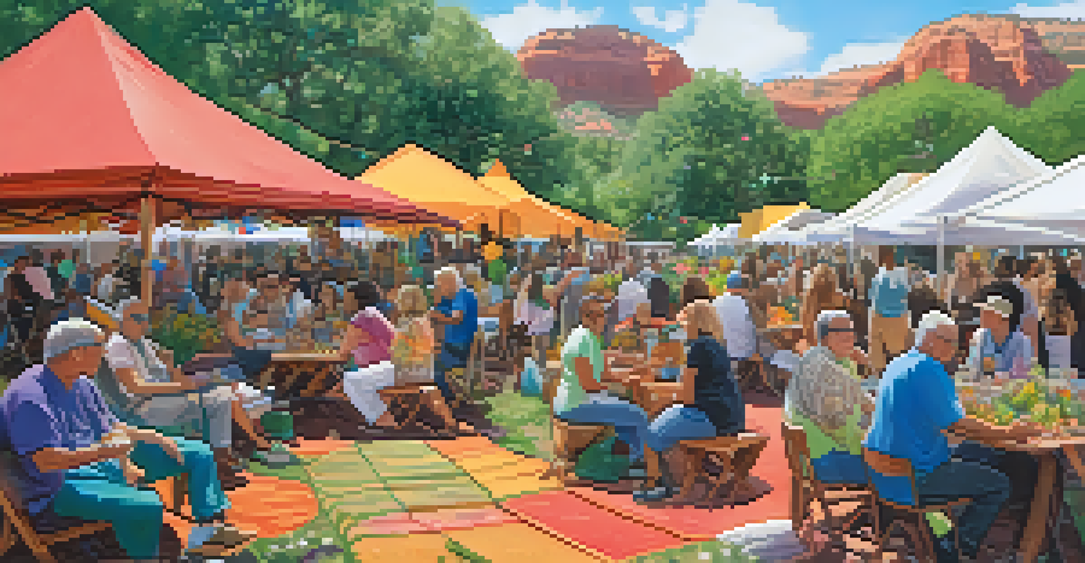 People gathered in a colorful tent at a community festival, sharing conversations and enjoying healthy food amidst greenery and flowers.