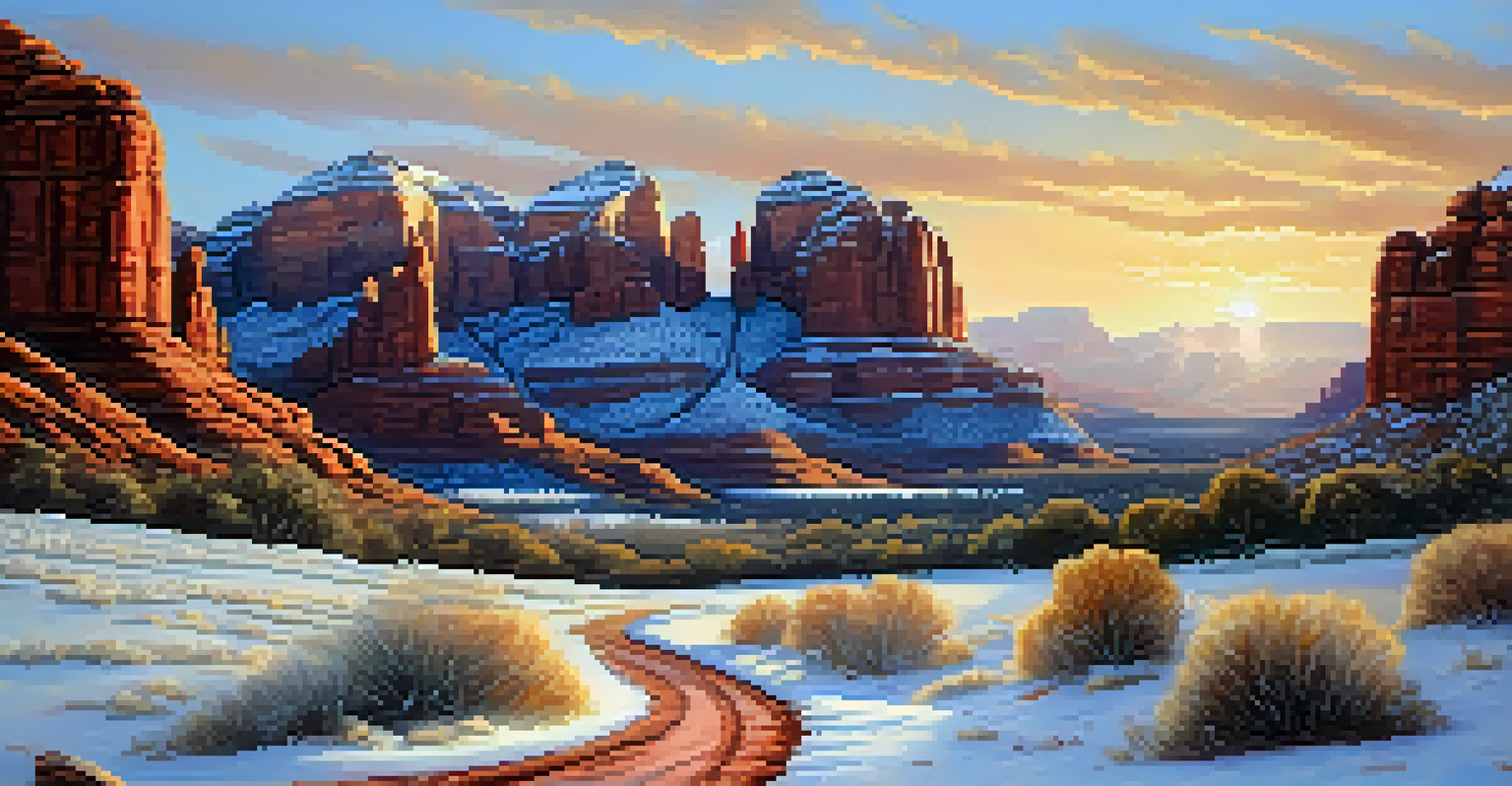 Red rock formations in Sedona covered with snow during winter, with a peaceful path leading through the serene landscape at sunset.