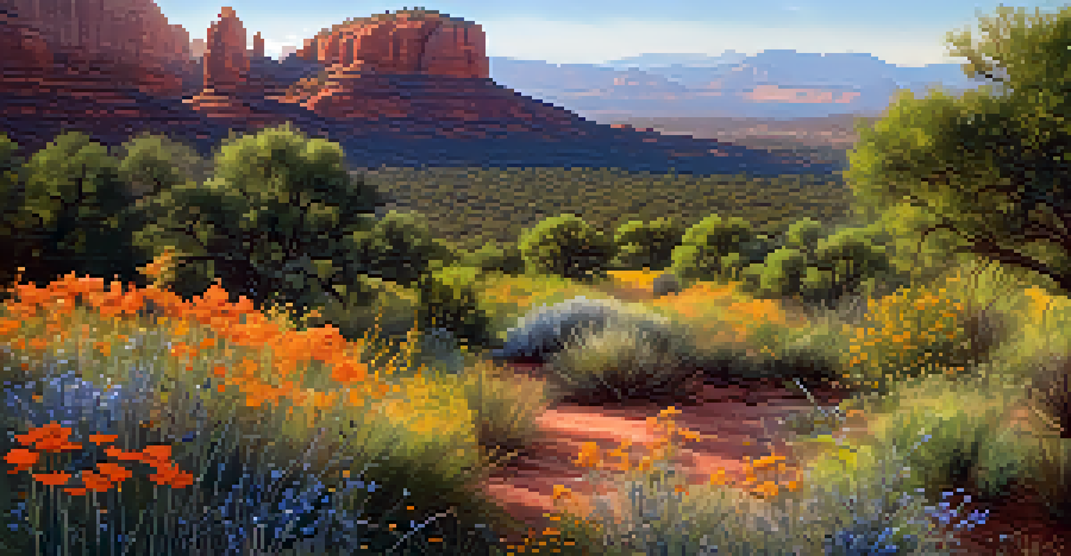 A scenic view of Sedona with wildflowers and a vermilion flycatcher bird, illustrating the connection between insects and wildlife.