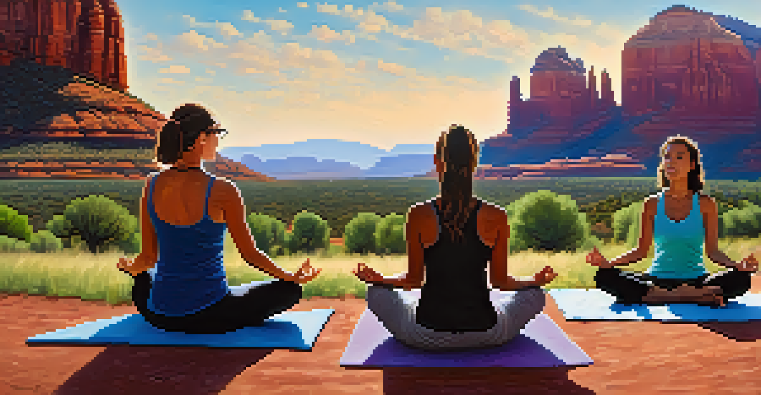 Participants meditating in a circle outdoors with red rock formations in the background during a yoga retreat.