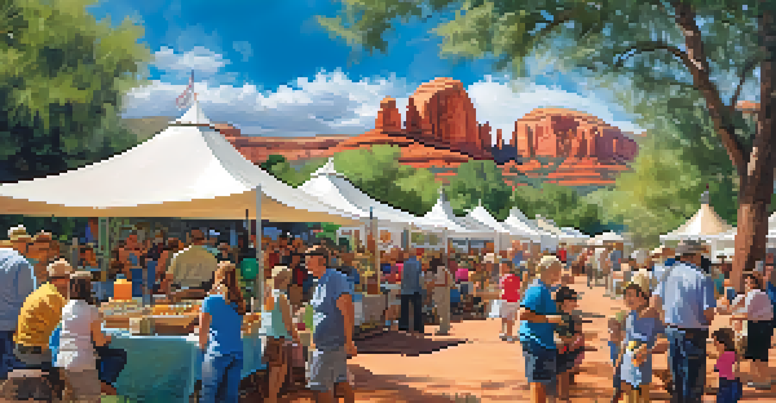 A community festival taking place in the garden of the Sedona Heritage Museum, featuring colorful tents and families enjoying activities.