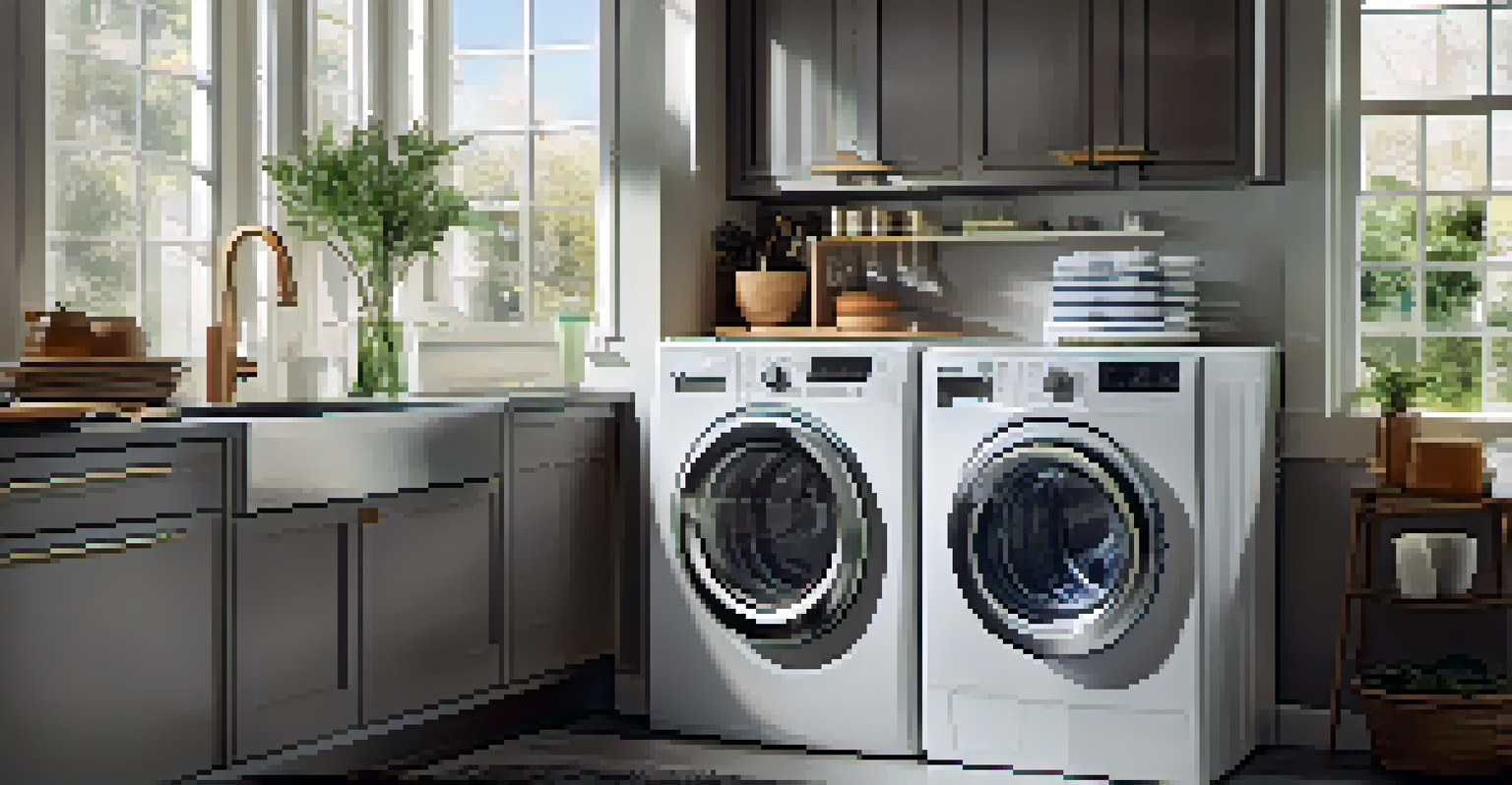 A modern kitchen showcasing water-efficient appliances like a low-flow faucet and high-efficiency washing machine.