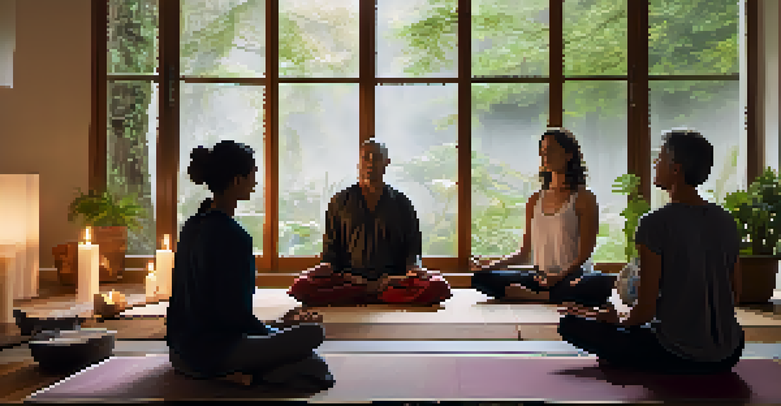 A serene meditation space in a wellness retreat with participants practicing mindfulness in a cozy room.