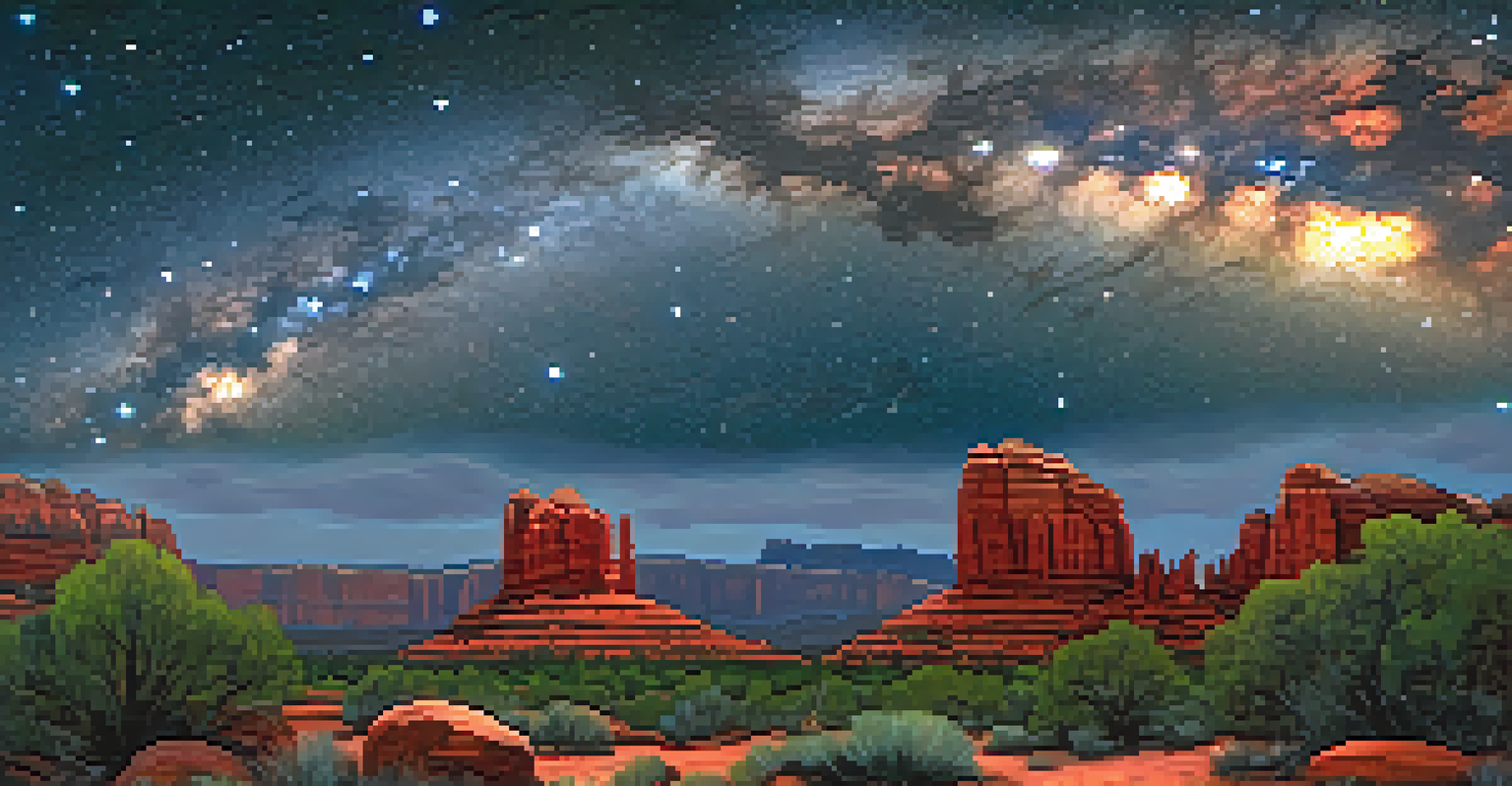 A night sky filled with stars and the Milky Way over Sedona's red rock formations.