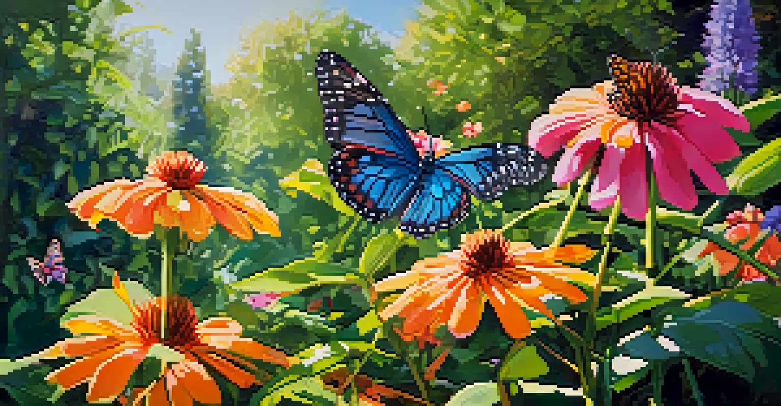 A butterfly garden in Sedona's botanical gardens with colorful butterflies among blooming flowers and soft sunlight filtering through green leaves.