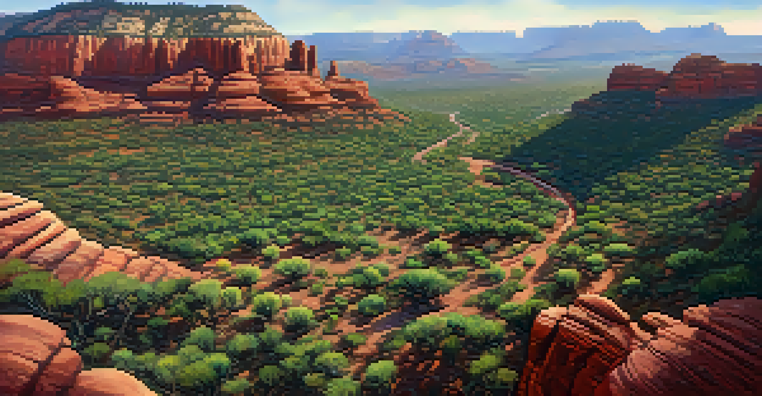 An aerial view of Sedona showing red rock formations and green vegetation below.