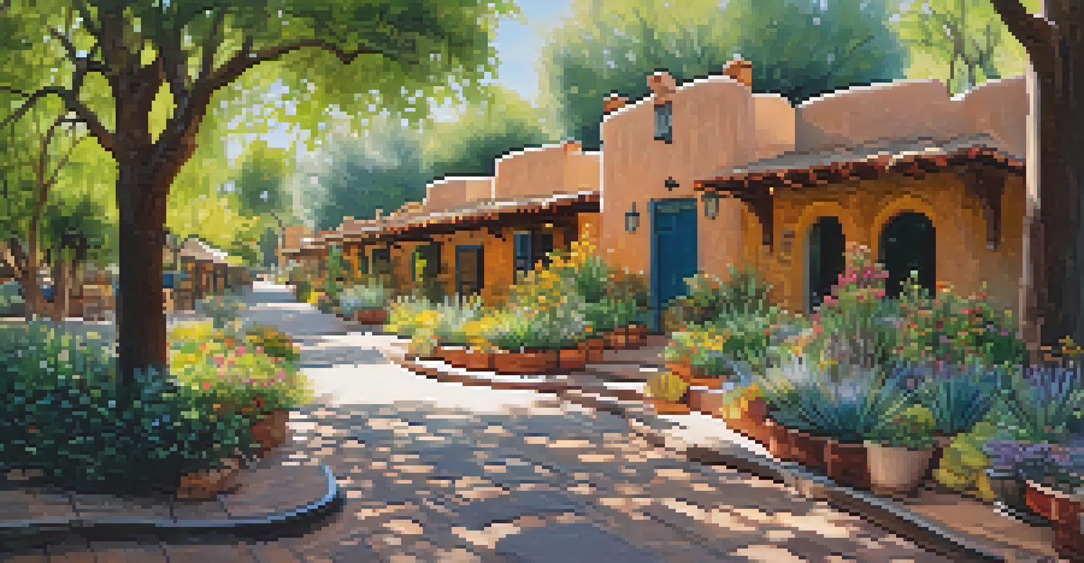 An accessible path through colorful gardens and art installations at Tlaquepaque in Sedona, with visitors enjoying the surroundings.