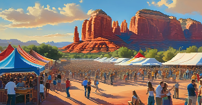 A lively outdoor music festival in Sedona with a diverse audience enjoying live performances against a backdrop of red rock formations under a clear blue sky.