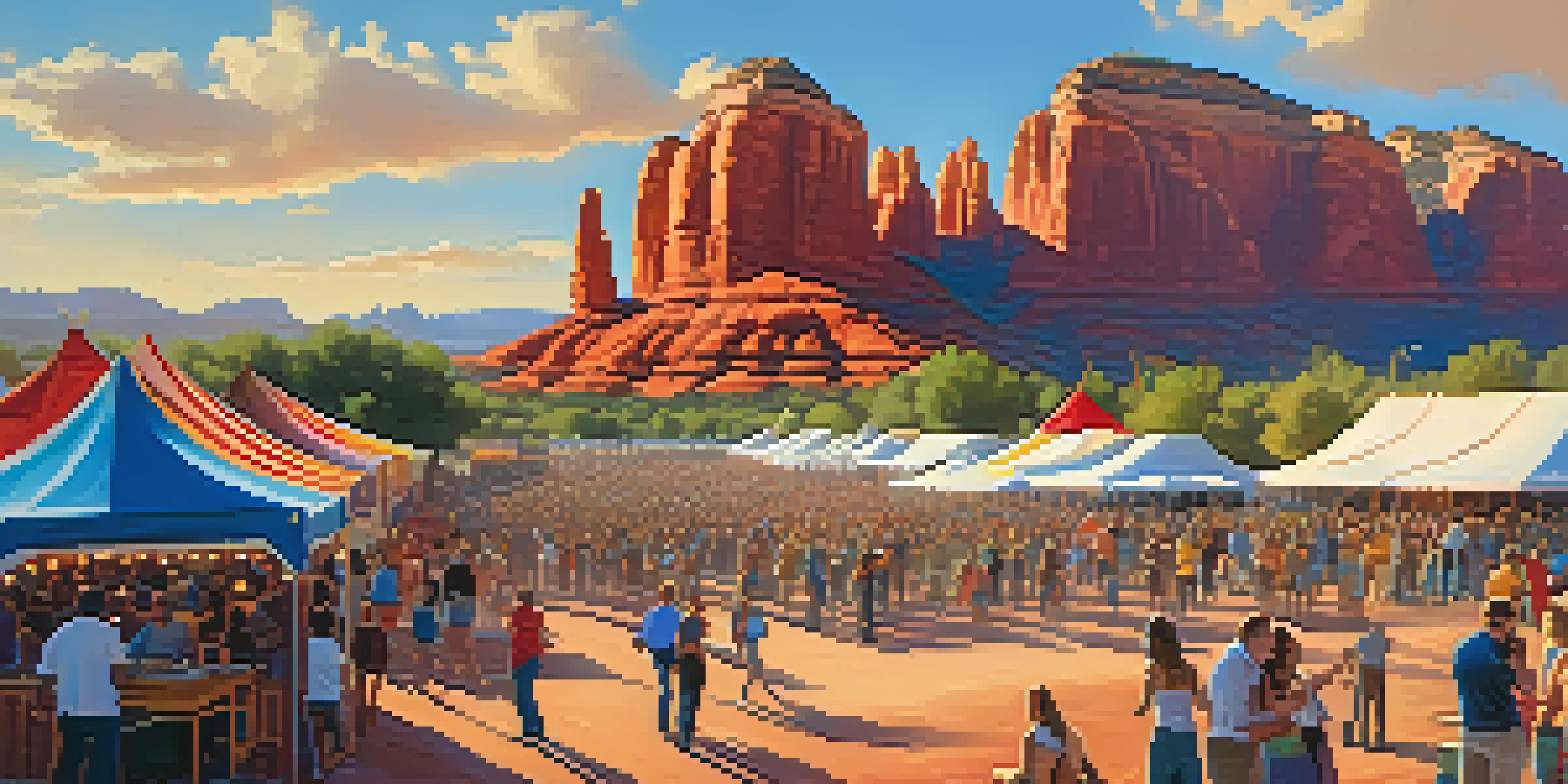 A lively outdoor music festival in Sedona with a diverse audience enjoying live performances against a backdrop of red rock formations under a clear blue sky.