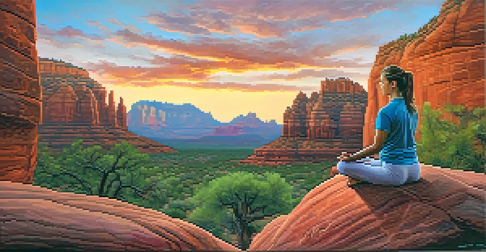 A person meditating on a rocky ledge in Sedona, Arizona, with red rock formations and a sunset sky.