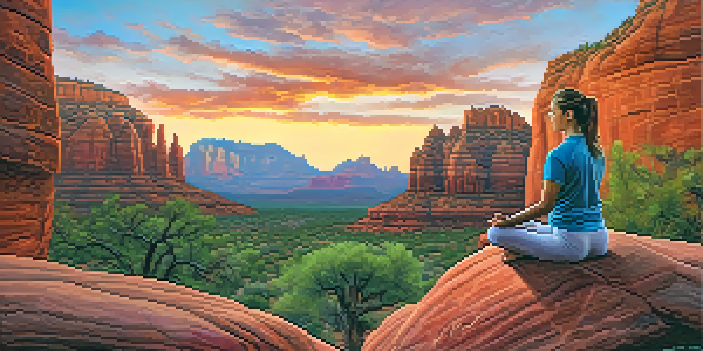 A person meditating on a rocky ledge in Sedona, Arizona, with red rock formations and a sunset sky.