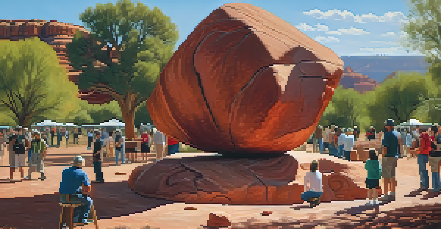 A sculptor working on a stone sculpture at the Sedona Sculpture Festival, with red rock formations in the background.