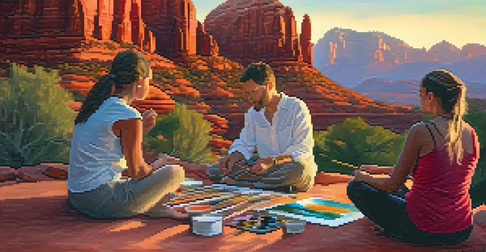 A group of individuals participating in an art therapy session, painting in front of Sedona's red rock formations during sunset.