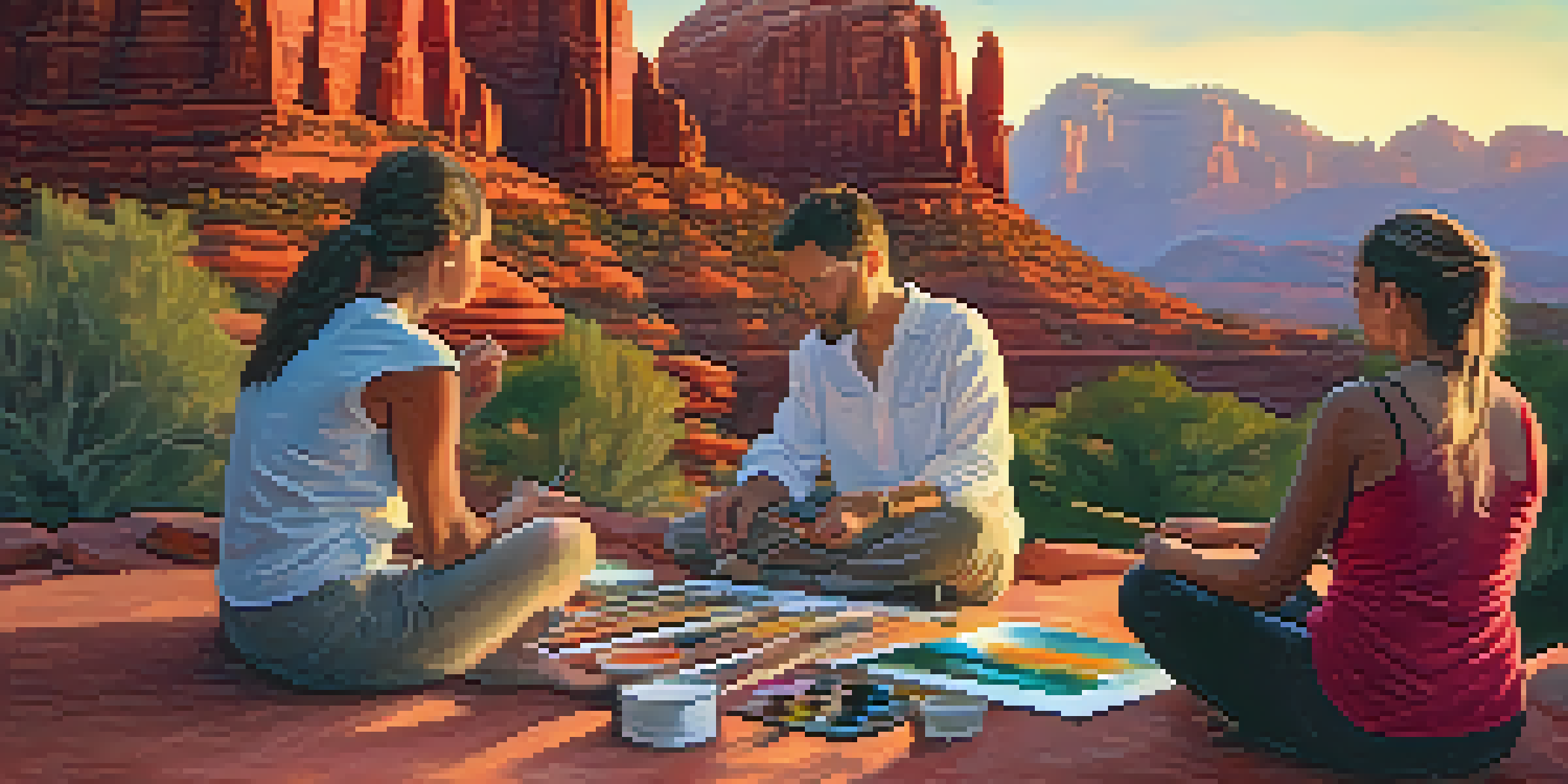 A group of individuals participating in an art therapy session, painting in front of Sedona's red rock formations during sunset.