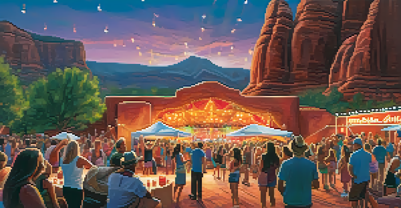 A lively summer music festival in Sedona, featuring performers on stage, energetic attendees dancing, and beautiful red rock formations in the background.