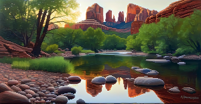 A beautiful landscape showing Cathedral Rock reflected in the waters of Oak Creek at sunset, with lush greenery surrounding the scene.