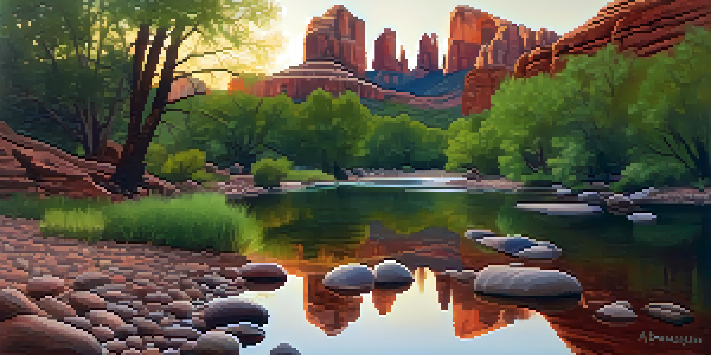 A beautiful landscape showing Cathedral Rock reflected in the waters of Oak Creek at sunset, with lush greenery surrounding the scene.