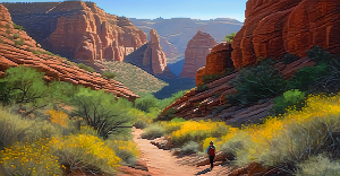 A peaceful hiking trail in Fay Canyon with red rock formations and lush vegetation. A hiker admires the view amidst morning light and wildflowers.