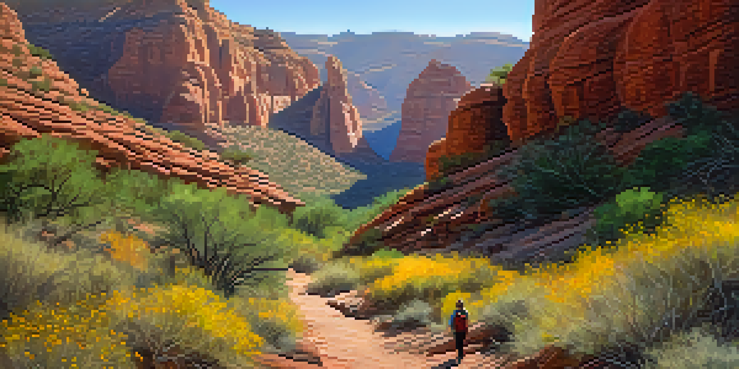 A peaceful hiking trail in Fay Canyon with red rock formations and lush vegetation. A hiker admires the view amidst morning light and wildflowers.