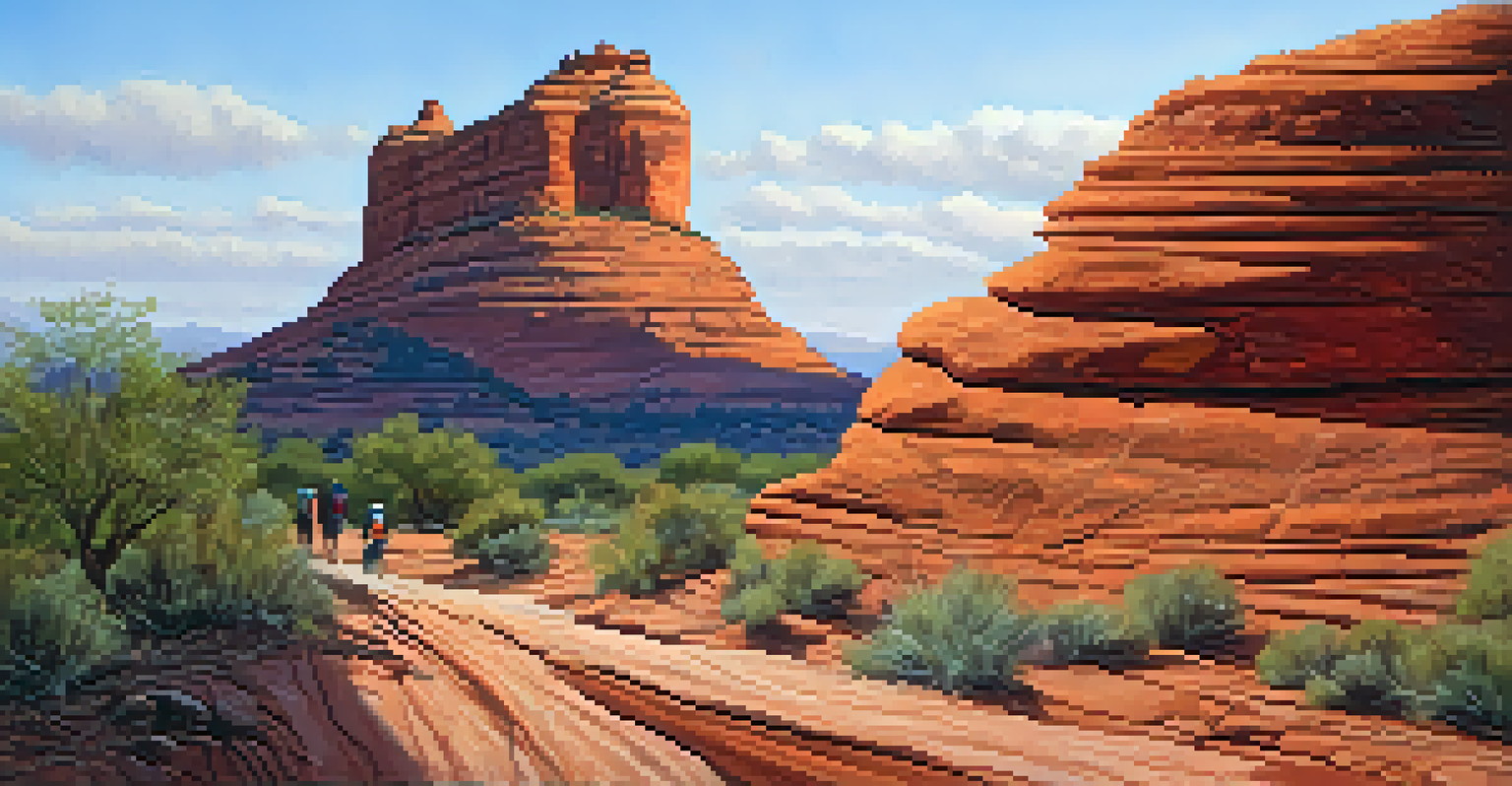 A close-up view of Bell Rock with hikers in the distance, showcasing the texture and colors of the rock under warm morning light.