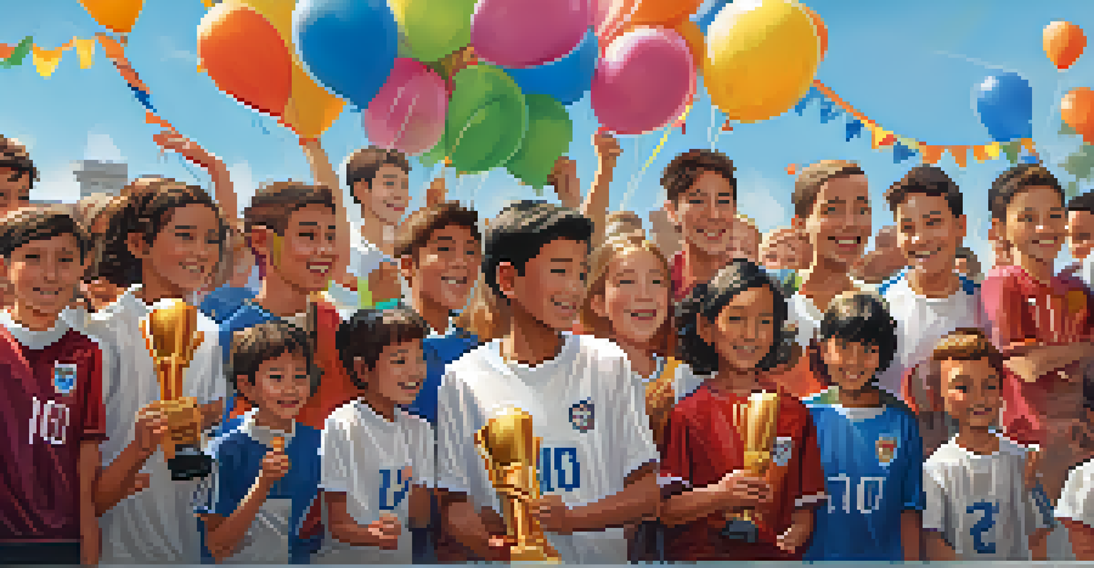 Young soccer players receiving awards at a celebration ceremony, surrounded by cheering families and colorful decorations.