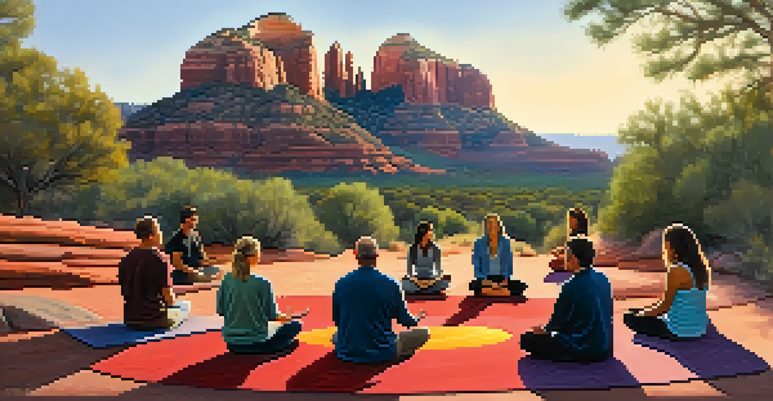 Participants in a meditation circle seated on colorful mats, surrounded by red rock formations during a beautiful sunset in Sedona.