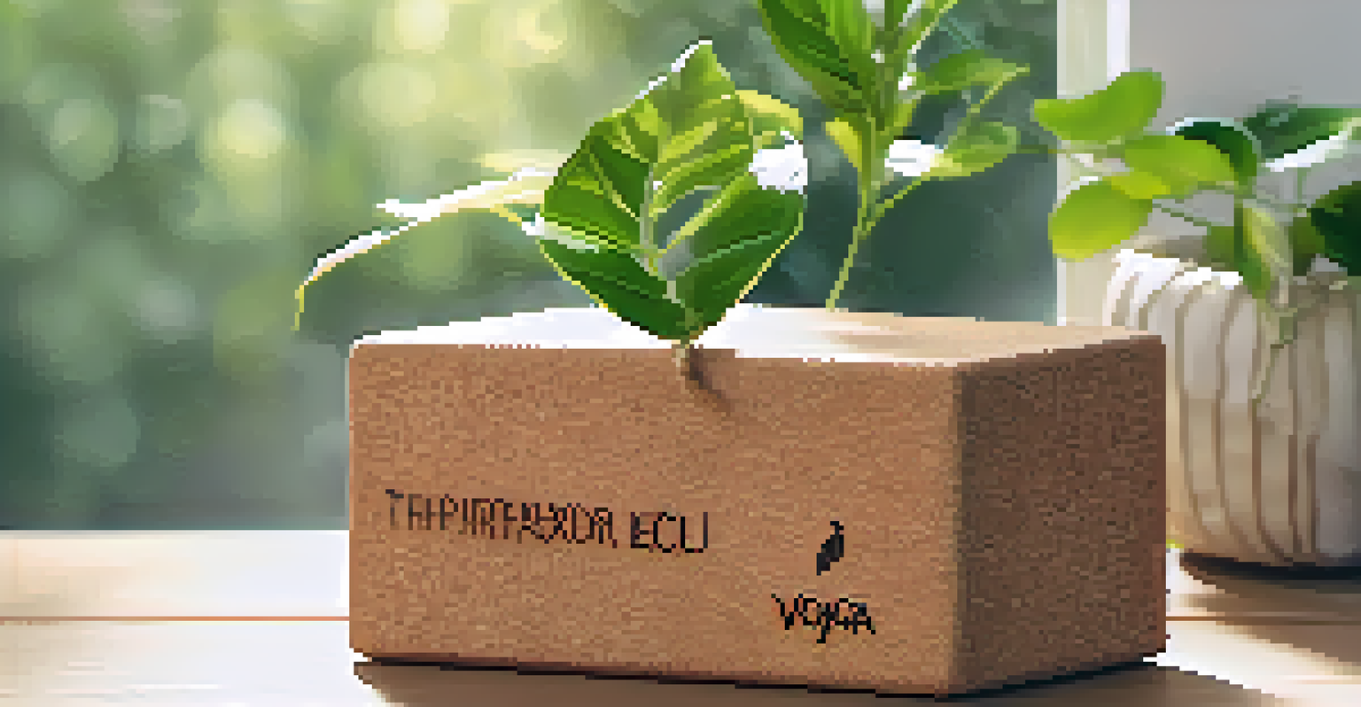 A cork yoga block on a wooden floor with green plants and sunlight.