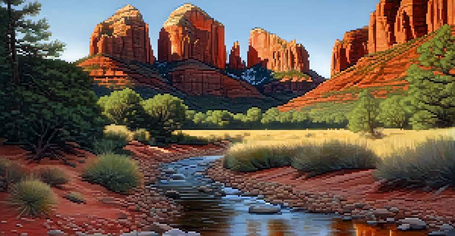 Close-up of Cathedral Rock in Sedona, showcasing the red cliffs and a gentle stream with smooth pebbles in the foreground.