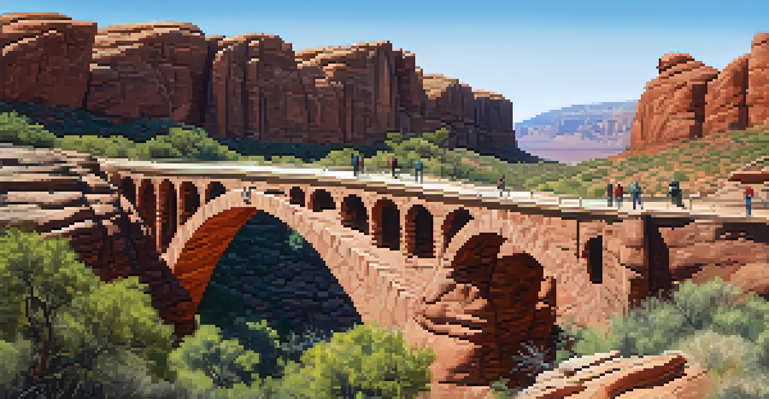 A breathtaking view from Devil's Bridge with hikers on the rock arch, showcasing the expansive red rock landscape and blue sky.