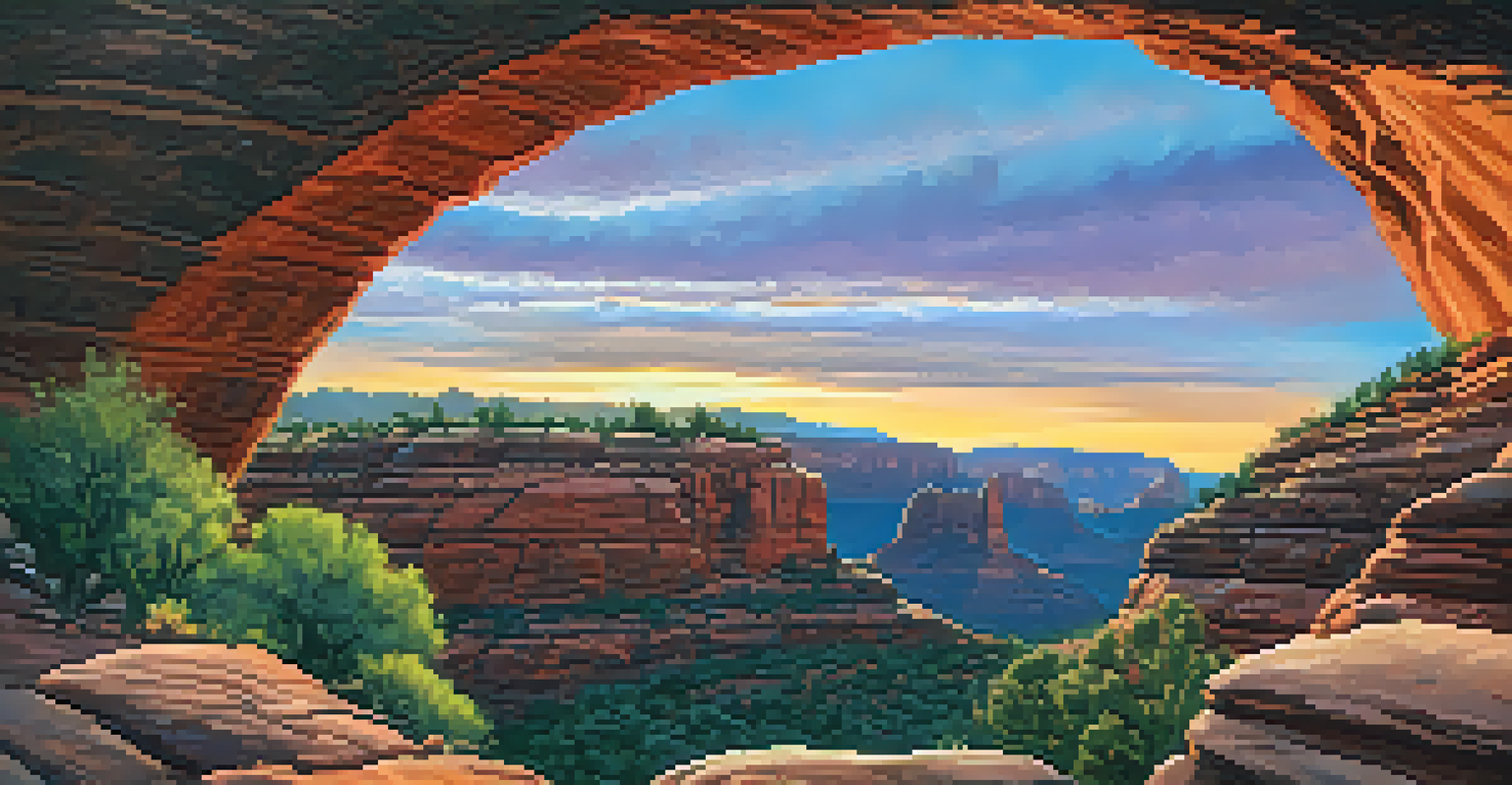Devil's Bridge at sunset, with hikers capturing the moment on the natural arch against a backdrop of red rocks and a colorful sky.