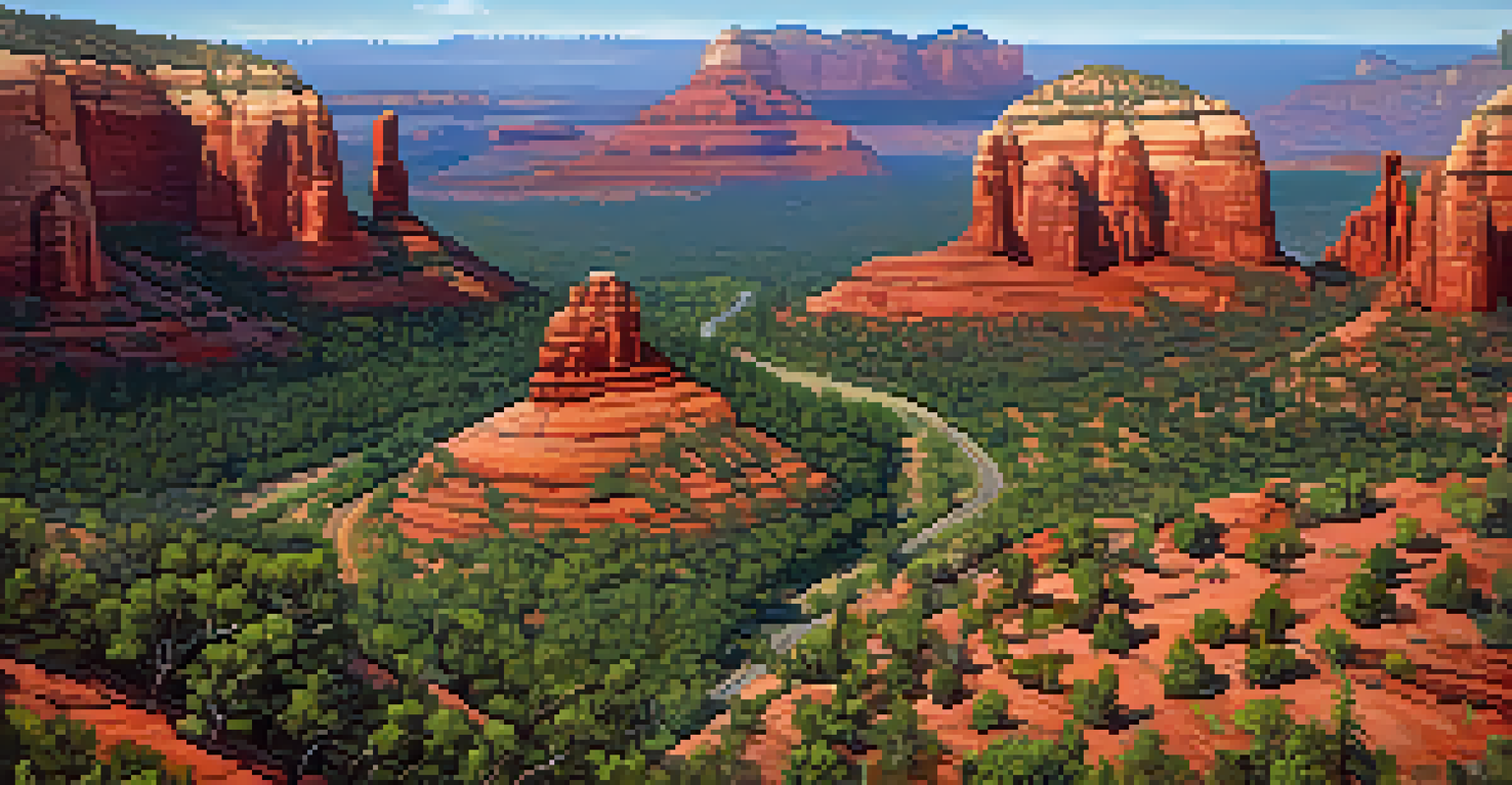 Aerial view of Sedona's red rocks and pine trees, highlighting the natural beauty and trails in the landscape.