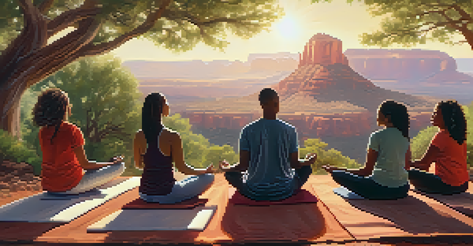 A group of people meditating outdoors in a circle surrounded by Sedona's natural beauty.