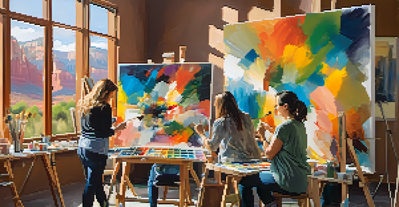 Artists working on abstract paintings in a bright studio, surrounded by colorful canvases and art supplies.