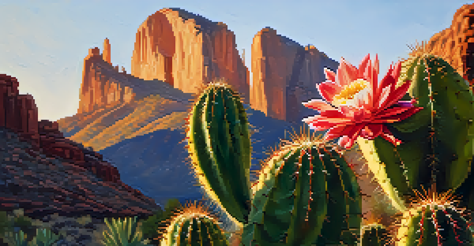 A blooming cactus flower with Cathedral Rock in the background, illuminated by warm sunlight.
