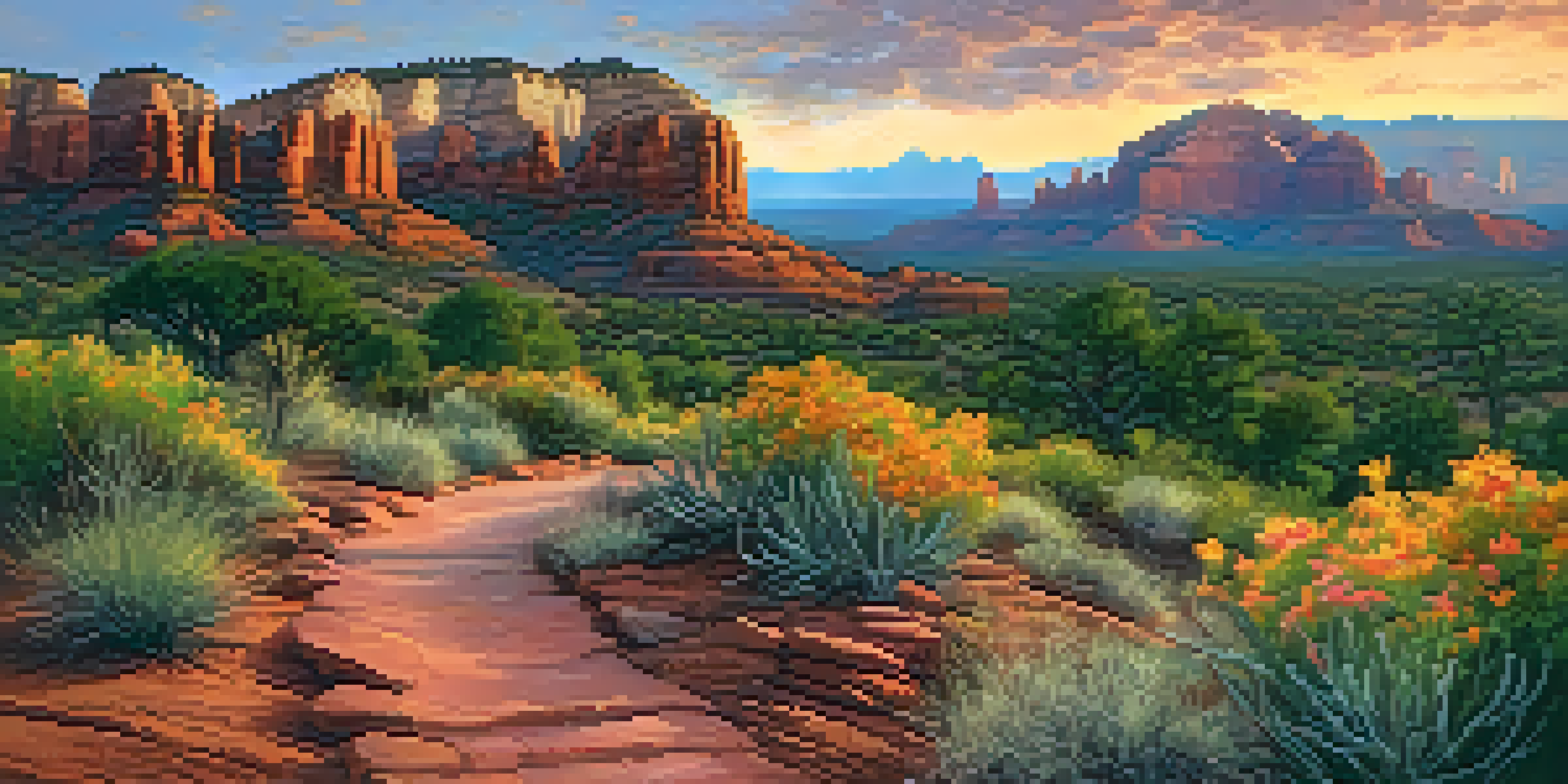 A sunset landscape in Sedona with red rock formations, wildflowers, and a winding path under a colorful sky.