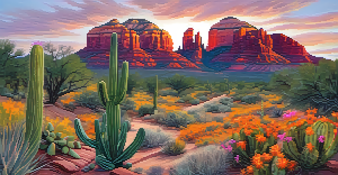 A scenic view of red rock formations in Sedona at sunrise, with a hiking trail and desert flora.