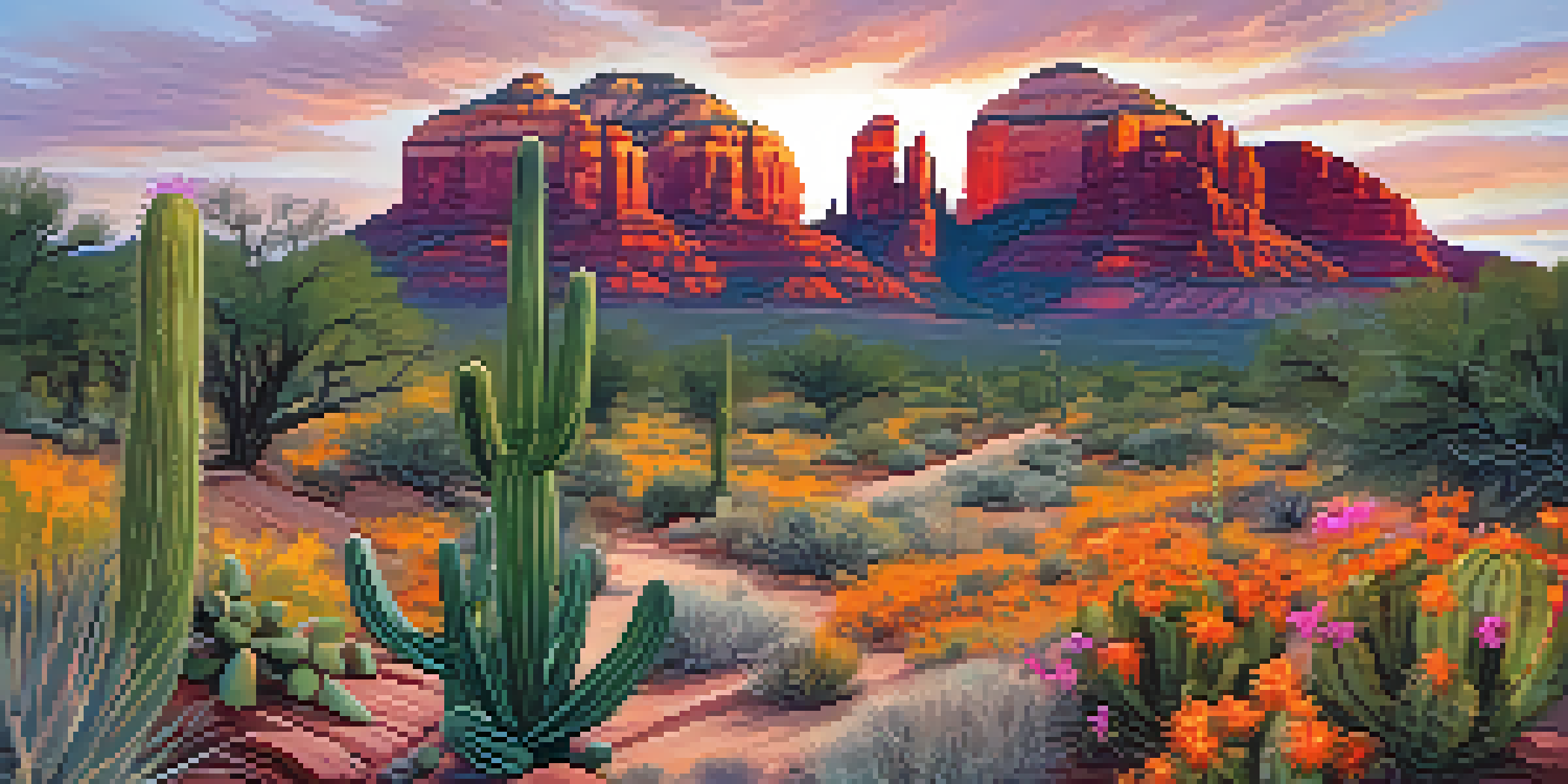 A scenic view of red rock formations in Sedona at sunrise, with a hiking trail and desert flora.