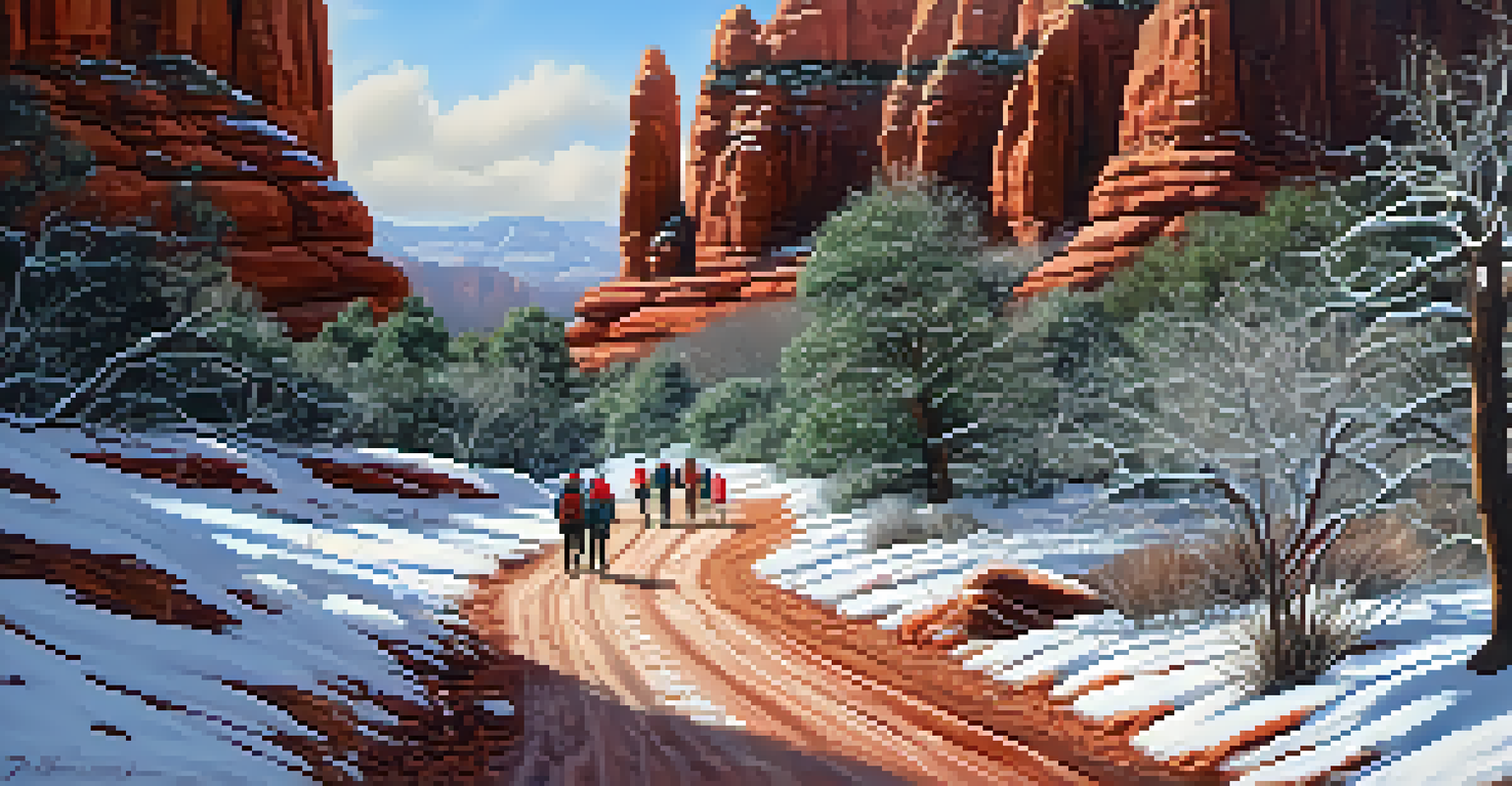 A winter hiking trail in Sedona with snow-covered ground and hikers enjoying the peaceful scenery.