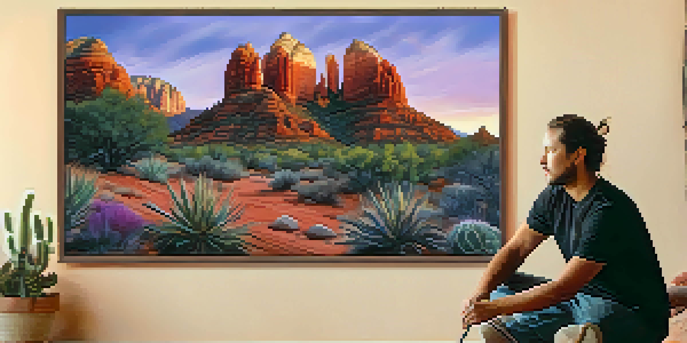 A scenic sunset view of Sedona's red rock formations with an artist painting the landscape in the foreground.